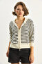 Women's Ecru Black Striped Hooded Double Zipper Basic Cardigan 20246865 - 4