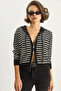 Women's Black Ecru Striped Hooded Double Zipper Basic Cardigan 20246865 - 2