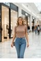 Beige Mock Neck Short Sleeve Darkalıp Ribbed Knit Bodysuit Hzlkısa02Kaş