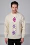 Ecru/Lilac Crew Neck Pink Lilac Patterned 100% Lamb Wool Men's Knitwear Sweater