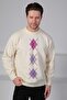 Ecru/Lilac Crew Neck Pink Lilac Patterned 100% Lamb Wool Men's Knitwear Sweater - 3