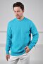 Turquoise Crew Neck Embossed Hair Knit Patterned 100% Lamb Wool Men's Knitwear Sweater