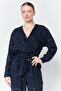 Women Metallic Long Sleeve Belted Jumpsuit, Navy - 3