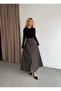 High Waist Half Belt Detailed Flared Front Openable Hidden Buttoned Slit Prenium Long Plaid Skirt - 5