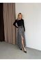 High Waist Half Belt Detailed Flared Front Openable Hidden Buttoned Slit Prenium Long Plaid Skirt - 3