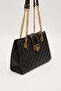 Quilted Embroidered Chain and Fold Lock Detailed Women's Large Size Stylish Shoulder Bag Black - 2