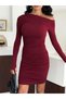 Women's Burgundy Off-Shoulder Gathered Dress - 4