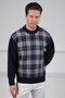 Navy Blue Crew Neck Striped Front Lamb Wool Blend Men's Knitwear Sweater