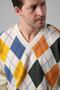 Ecru/Indigo V-Neck Colorful Diamond Pattern 100% Lamb Wool Men's Knitwear Sweater - 4