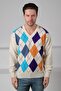 Ecru/Turquoise V-Neck Colorful Diamond Patterned 100% Lamb Wool Men's Knitwear Sweater