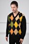 Black/Orange V-Neck Colorful Argyle Pattern 100% Lamb Wool Men's Knitwear Sweater - 2
