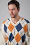 Ecru/Orange V-Neck Colorful Diamond Patterned 100% Lamb Wool Men's Knitwear Sweater - 4