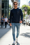 Men's Zipper Detail Crew Neck Cotton Sweatshirt 24722 Dark Navy Blue - 4