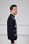 Navy Blue Crew Neck Striped Front Lamb Wool Blend Men's Knitwear Sweater - 5