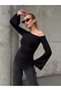 Women's Waist Detail Boat Neck Long Sleeve Black Blouse - 3