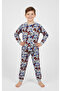 Cute Character Patterned Crew Neck Children's Long-Sleeve Cotton Top and Bottom Pajama Set