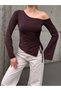 Women's Waist Detail Boat Neck Long Sleeve Coffee Blouse - 4