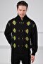 Black/Green Zippered Green Argyle Patterned 100% Lamb Wool Men's Knitwear Cardigan