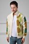 Ecru/Green Zippered Diagonal Patterned 100% Lamb Wool Men's Knitwear Cardigan - 2