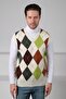 Ecru/Khaki V-Neck Colorful Diamond Pattern Sleeveless 100% Lamb Wool Men's Knitwear Sweater