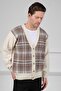 Ecru V-Neck Buttoned Front Striped Lamb Wool Blend Men's Knitwear Cardigan - 4
