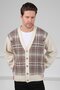 Ecru V-Neck Buttoned Front Striped Lamb Wool Blend Men's Knitwear Cardigan - 3