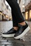 Women's Khaki Leather High Sole Sneaker Shoes Black - 8