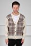 Ecru V-Neck Buttoned Front Striped Lamb Wool Blend Men's Knitwear Cardigan - 2