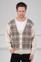 Ecru V-Neck Buttoned Front Striped Lamb Wool Blend Men's Knitwear Cardigan