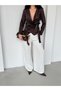 Brown Double-Breasted Collar Buckle Detailed Satin Blouse - 5