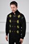 Black/Green Zippered Green Argyle Patterned 100% Lamb Wool Men's Knitwear Cardigan - 3