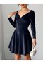 Women's Double Breasted Collar Velvet Dress - 2