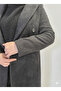 Women's Bearded Textured Double-Breasted Collar Lined Pocket Detailed Belted Buttoned Full Fit Fox Coat - 4