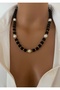 New Model - Natural Stone Black Lava Stone Pearl Detail Basic Women's Necklace in Gift Box - 3
