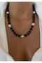 New Model - Natural Stone Black Lava Stone Pearl Detail Basic Women's Necklace in Gift Box - 4