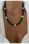 New Model - Natural Stone Black Lava Stone Pearl Detail Basic Women's Necklace in Gift Box - 2