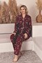 Burgundy Women's 100% Cotton Buttoned Long Sleeve Pajama Set - Floral Pattern Long Sleeve Stretch Fabric Combed Cotton - 3