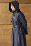 Removable Hooded Leather Paneled Gabardine Suede Look Overcoat Dark Blue 6806 - 6