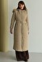 Long Quilted Coat with Removable Hood and Fur Zipper Beige 6802 - 4
