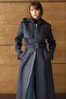 Removable Hooded Leather Paneled Gabardine Suede Look Overcoat Dark Blue 6806 - 5