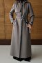 Removable Hooded Leather Paneled Gabardine Suede Look Overcoat Gray 6806 - 7