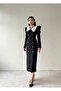 Women's Black White Peter Pan Collar Buttoned Pencil Midi Dress - 5