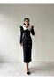 Women's Black White Peter Pan Collar Buttoned Pencil Midi Dress - 7