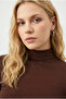 Women's Brown Half Turtleneck Long Sleeve Body-Hugging Cotton Blouse - 2