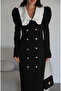 Women's Black White Peter Pan Collar Buttoned Pencil Midi Dress - 3