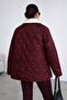 Burgundy Color Collar Plush Paneled Women's Quilted Coat - 3