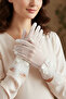 Feathered Sheer Bridal Gloves - Modern Wedding and Bridal Gloves with Pearl Bow Embellishment - 6