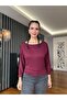 Burgundy Long Sleeve Wide Neck Blouse - 3