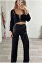 Black Sequined Design Trousers with Elastic Waist and Lined Inside - 2