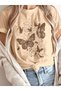 Color Matching Butterfly Printed Women's Beige Cotton T-Shirt